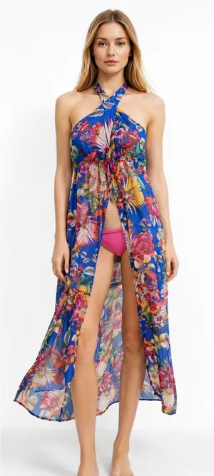 Floral Tropical Festival Halter Swimsuit Cover Up Maxi Dress Francesca’s NEW M/L thumbnail 1
