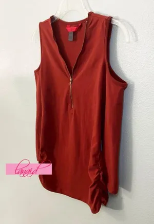Hot Kiss Zipper V-Neck Open Cold Shoulder Faux Suede Terracotta Ruched Henley M thumbnail 6