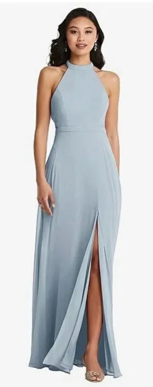 Dessy Collection Stand Collar Halter Maxi Dress Criss Cross Open-back Mist 4 thumbnail 1