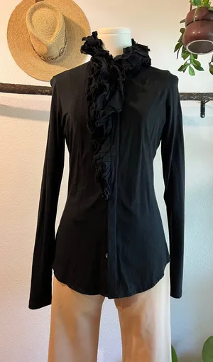 Blue Label 80s Ralph Lauren Black Ruffled Long Sleeve Cotton Blouse Size Medium thumbnail 1
