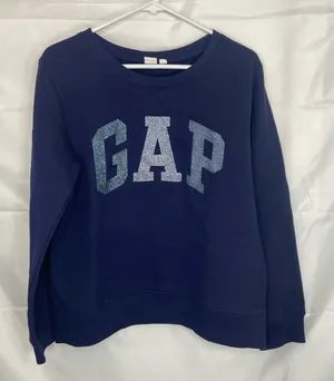 EUC GAP women’s navy blue glitter decal fleece lined long crewneck sweatshirt L‎ thumbnail 1