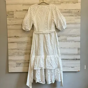 Zara Eyelet Cotton Midi Dress Puff Sleeve Belted Floral Ruffle Tiered Medium thumbnail 5