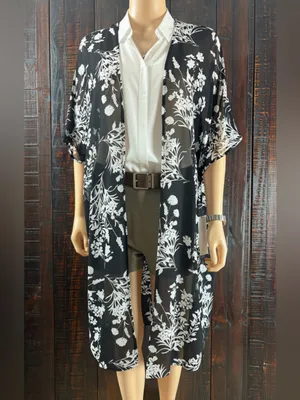 Calvin Klein Black White Floral Chiffon Cover-up Cardigan NWT 4 thumbnail 2