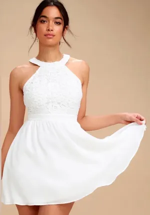 Lulus NWT Women Medium White Embroidered Lace Skater Mini Dress Coquette Chic thumbnail 1