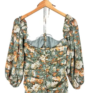 Hello Molly Basque Country Long Sleeve Ruched Mini Dress Floral Sage M NWT Event thumbnail 8