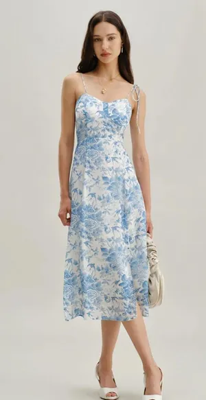 RIHOAS The Blue Sweetheart Neck Shirred Midi Dress M thumbnail 1