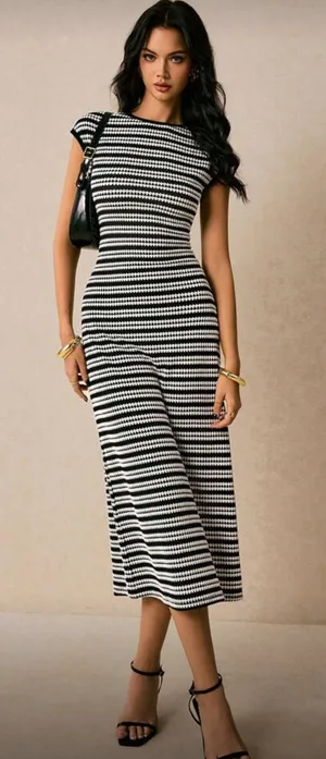 Poéselle Women's Casual Striped Round Neck Cap Sleeve Dress, Summer thumbnail 1