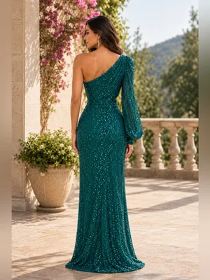 New IEENA for Mac Duggal Silver Sequined One Shoulder Cut Out Gown - Size 6 thumbnail 2