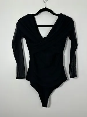 Abercrombie Black Long Sleeve Asymmetrical Wrap Bodysuit Size Medium thumbnail 4