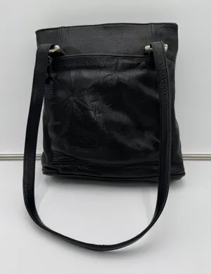 Mila Paoli Genuine Leather Black Tote Shoulder Bag Front Zip Pocket EUC thumbnail 1