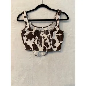 Lone Star Cow Print Corset Top Womens Small Brown White Denim Smocked Crop Tank thumbnail 3