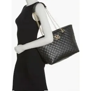 Badgley Mischka Black Quilted Tote Bag with Gold Chain Strap, One Size thumbnail 2