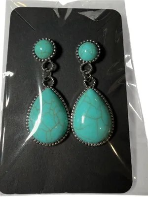 Turquoise Teardrop Dangle Earrings Boho Western Textured Silver Border Stud Blue thumbnail 3