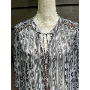 Charter Club Sheer Beaded Tassel Tunic Top XL Coastal Cowgirl Boho Navy White thumbnail 14