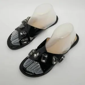 Womens Stone Jeweled Slip On Flat Slide Sandals Rhinestones Black Size 38 thumbnail 1