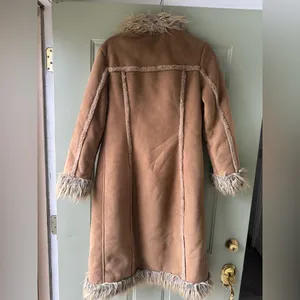 Faux Suede Tan Women's Long Coat with Faux Fur Trim thumbnail 2