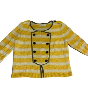 Loft Mustard Yellow, Beige & Gray Striped Cotton Cardigan Sweater (M) thumbnail 8