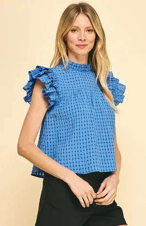 Pinch textured blouse ruffle mock neck short sleeve lucille woven top thumbnail 1