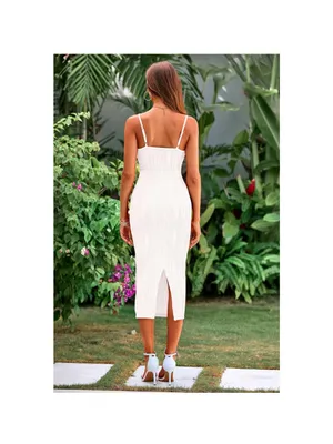 Slim Fit White Midi Dress with Spaghetti Straps thumbnail 2