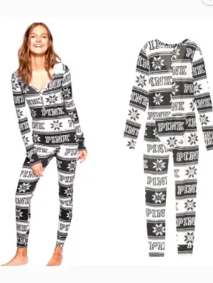 Victoria's Secret Pink Thermal Onesie Snowflake Pajamas Size M thumbnail 2