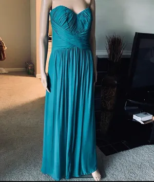Dessy collection by Vivian Diamond Strapless Teal Chiffon Evening Dress thumbnail 2