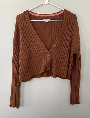 American Eagle cropped‎ brown v-neck sweater casual 70s vintage women size M thumbnail 1