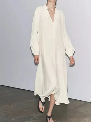 Zara ZW Collection Oyster White V-Neck Tie Front Long Sleeve Midi Dress Large thumbnail 11