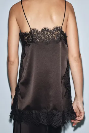 Zara satin Lace-Trim Slip Dress Top in Deep Brown thumbnail 9