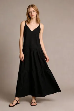 NWOT Farm Rio Linen Blend Black Sleeveless Layer Tiered Maxi Dress Size S thumbnail 1