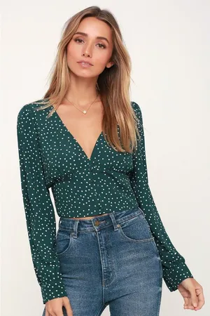 Lulus Women's L Love Always Forest Green‎ Polka Dot Long Sleeve Crop Top Cropped thumbnail 1