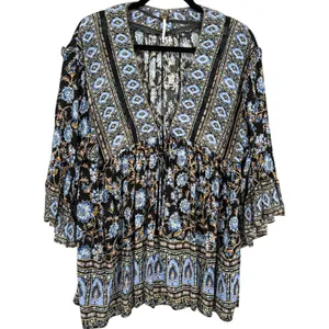 Free People Moonlight Dance Floral Bell Sleeve Boho Tunic Top Blue Size‎ Small thumbnail 4