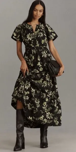 Anthropologie The Somerset Maxi Dress Black Green Floral Cotton Size S thumbnail 1