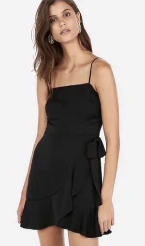 Express Black Ruffle Square Neck Wrap Mini Dress Womens Large NWT Tie Waist thumbnail 1