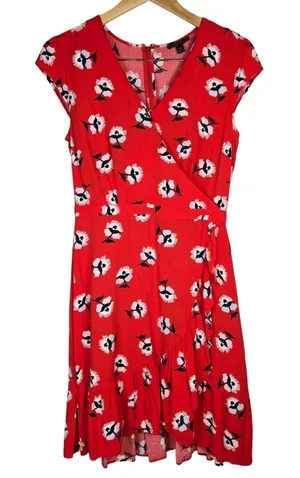 J. Crew Cerise Ruffle Red Floral Faux Wrap Ruffle Dress L4277 Size 4 Tall thumbnail 1