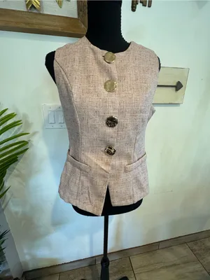 SHEIN Beige Tweed Sleeveless Peplum Button Front Top thumbnail 5
