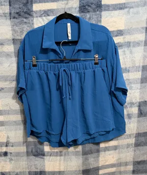 Haute Fox Blue Crinkle Short Sleeve Button-Up Shirt and Drawstring Shorts Set 2X thumbnail 1