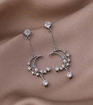 Women's Crystal Moon Star Dangle Drop Tassel Earrings thumbnail 1