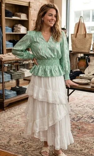 $118 Roller Rabbit Top Mint Green Metallic Jacquard V Neck Long Sleeve S thumbnail 1