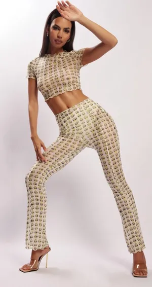 Meshki Nora Mesh Straight Leg‎ Pant Sheer Alien Print Cream Green Size XL thumbnail 1