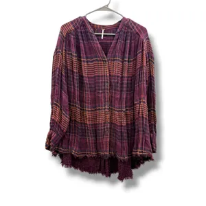 Free People Come On Over Tunic XS Purple Orange Plaid Raw Hem Gauze Boho‎ Top thumbnail 2