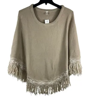 Cato Poncho Tan Knit Fringed Hem Pullover Sweater One Size NWT thumbnail 1
