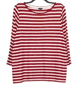 Talbots 3/4 Sleeve Top Striped Sequin Preppy Nautical Red White Plus Size 3X thumbnail 1