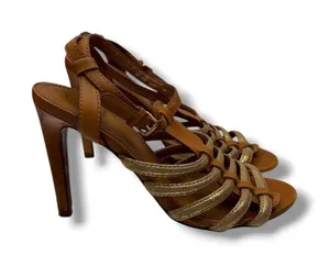 Tory Burch Charlene Sandals 7.5 Tan Gold Leather Heels Dress‎ Party Elegant thumbnail 1
