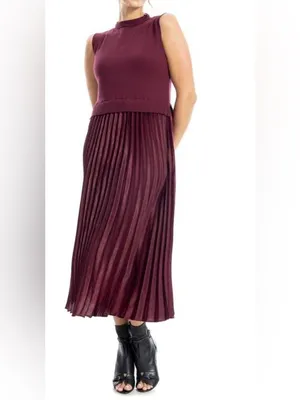 NWT MAX STUDIO Mock Neck Sleeveless Twofer Dress Large, WINE thumbnail 5