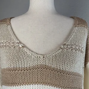 Magnolia Boho V-Neck Pullover Sweater‎ One Size Neutral Beige Ivory Stripe NEW thumbnail 2