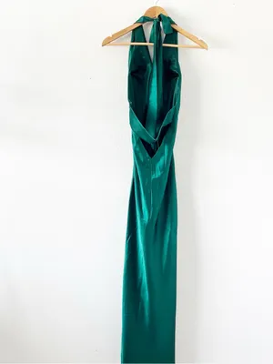 Revelry Amaya Emerald Green Satin Halter Open Back High Slit Formal Gown thumbnail 9