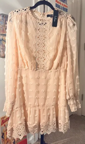 Lulu's Blush Cream Crochet-Trim Long Sleeve Mini Dress thumbnail 1