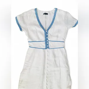 J.Crew White 100% Linen Embroidered Midi Dress Blue Ric Rac Button Front Size 2 thumbnail 4