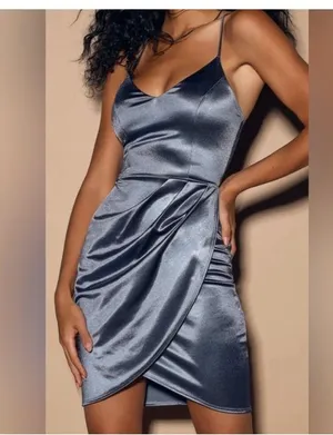 Lulu’s Slate Blue Forever Your Girl Satin Bodycon Dress Size Medium thumbnail 1