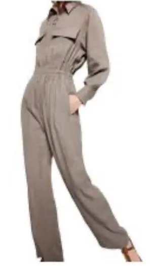 Zara utility coverall jumpsuit M taupe zipper elastic waist safari linen blend thumbnail 1